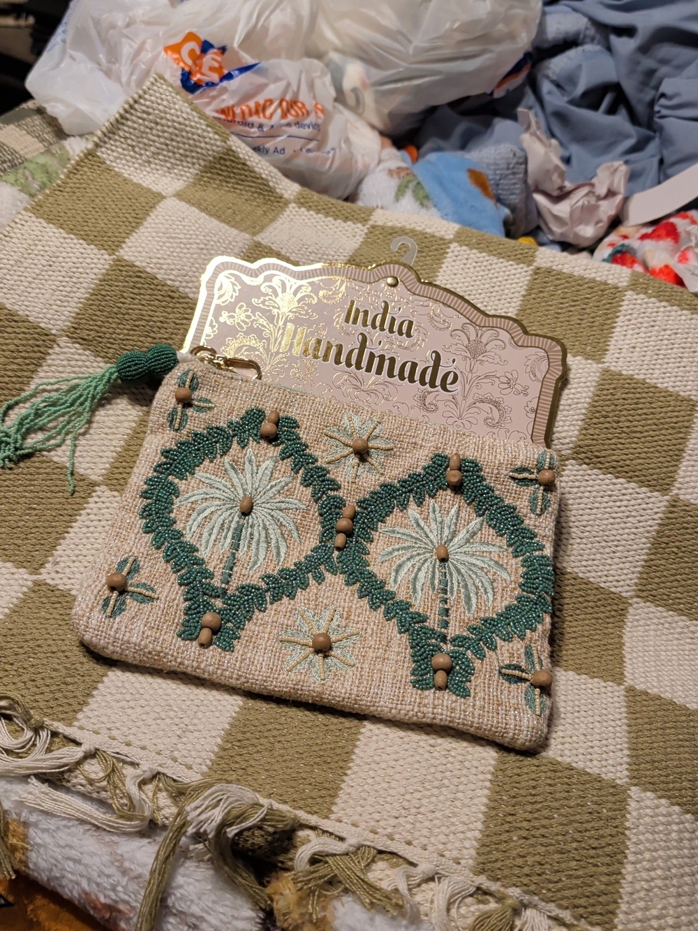 Handmade India Beaded Embroidered Green Floral Clutch